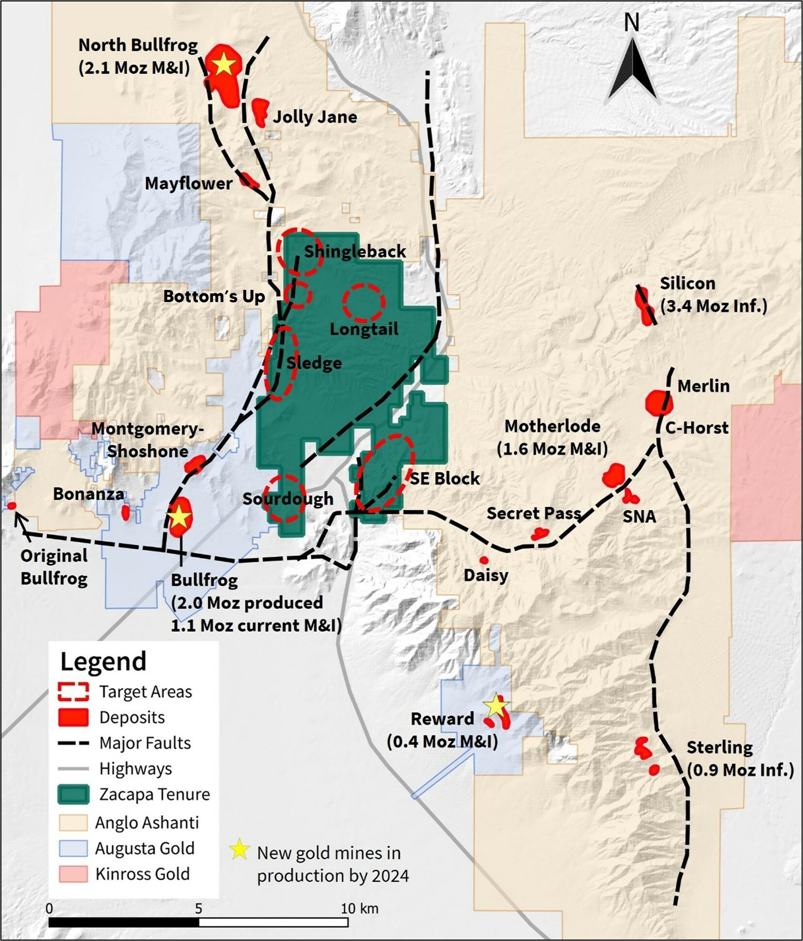 Figure 5 – Beatty District land tenure map with deposits and Zacapa target areas. The deposits/mines within the Beatty District provide geologic context for the South Bullfrog project but are not necessarily South Bullfrog project hosts similar mineralization, grades, or tonnages of mineralization. Table 1 below includes grades, tonnage and confidence for the resources summarized in Figure 5. indicative that the (CNW Group/Zacapa Resources)