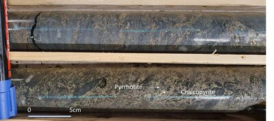 Figure 2. Drill hole KJ-004 8-10m. Remobilized, semi-massive chalcopyrite and pyrrhotite in the Guldalsgruva sector. (CNW Group/Capella Minerals Limited)