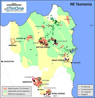 Figure 3 Location TinOne’s project areas in Northeastern Tasmania, showing historical occurrences of tin and tungsten (Mineral Resources Tasmania database). (CNW Group/TinOne Resources Corp.)