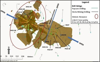 Figure 2: View of FAD mineralization in plan view which includes historic resources. Drilling is from surface and underground at the 2250 level of FAD Shaft. (CNW Group/Paycore Minerals Inc.)