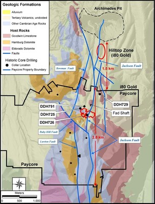 Figure 4: Map of Paycore Minerals and i-80 Gold's Property's and Boundary illustrating the Jackson Fault and relative location of i-80's Hilltop Discovery. (CNW Group/Paycore Minerals Inc.)