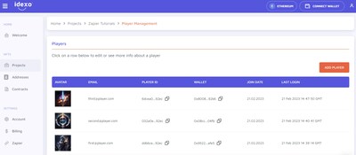 Screenshot of Web3 Player Management System from within the idexo SaaS Management Application.