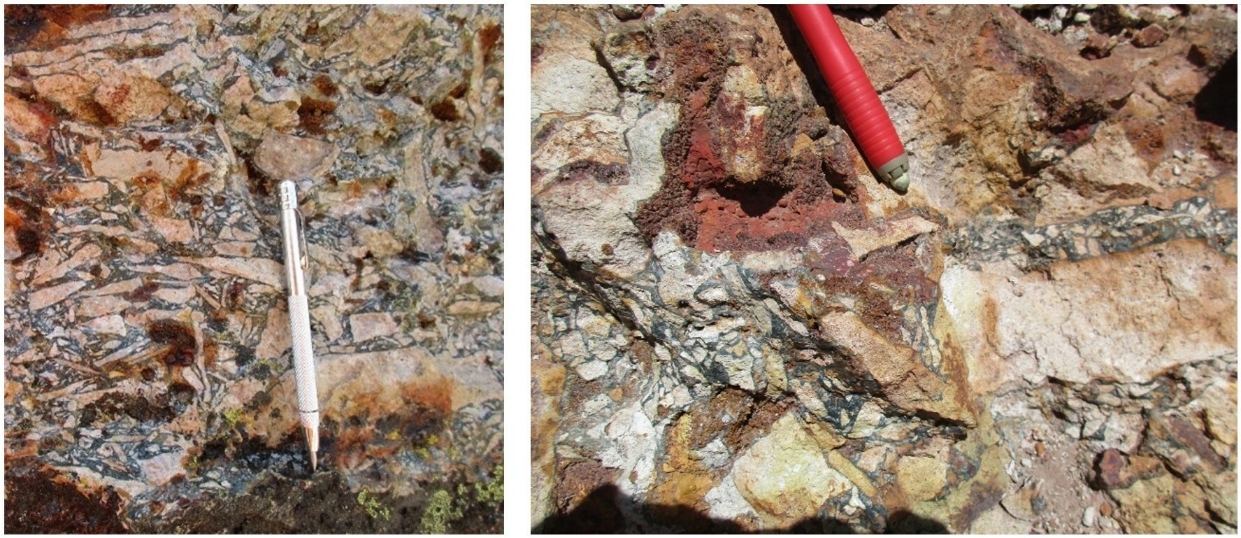 Figure 2: Photos taken from outcrops of the quartz-tourmaline breccia, Yahuarcocha sector. Sericite-altered andesite fragments are cemented by quartz, tourmaline, and limonite after pyrite. Note shingle-like appearance of many clasts, a typical texture in tourmaline breccias related to porphyry copper systems. (CNW Group/Silver Mountain Resources Inc.)