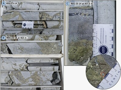 Figure 4: REG-23-14 – Strongly pyrite-chalcopyrite-specularite mineralized zones within broad breccia intersection. C shows a small flake of visible gold adjacent to the sulphides. (CNW Group/Regency Silver Corp)
