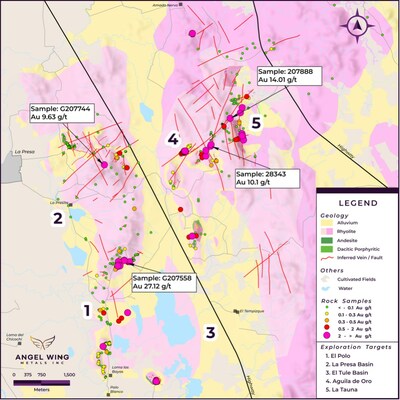 Figure 3: Geology Map detail of the El Grande project highlighting the five priority exploration – drill targets, numbered 1 to 5 on the map. (Gold assay results from outcrop, as identified in the legend) (CNW Group/Angel Wing Metals Inc.)
