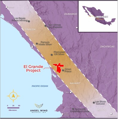 Figure 1: El Grande Project location map within the Coastal Trend (CNW Group/Angel Wing Metals Inc.)
