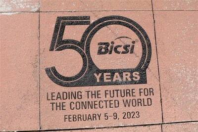 BICSI's 50 years of conferences logo on a commemorative paver on the Tampa Riverwalk.