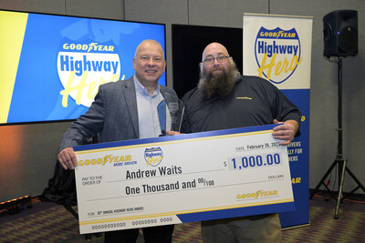 Cary Budzinski, senior director of Goodyear North American commercial sales, awards Andrew Waits the winner of the 2022 Goodyear Highway Hero Award at a news conference from the Technology & Maintenance Council in Orlando, Florida on Feb. 26, 2023. (Phelan M. Ebanhack for Goodyear).
