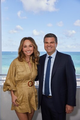 Giada De Laurentiis and Oceania Cruises President Frank A. Del Rio at Vista Godmother Reveal Event, Soho Beach House, Miami Beach, on February 24, 2023