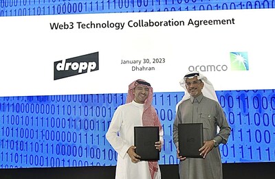 Nabil Alnuaim, senior Vice President of Digital and Information Technology and Faisal Almonai, Global Chairman of droppGroup sign MoU at IKTVA 2023, Dhahran, Saudi Arabia.