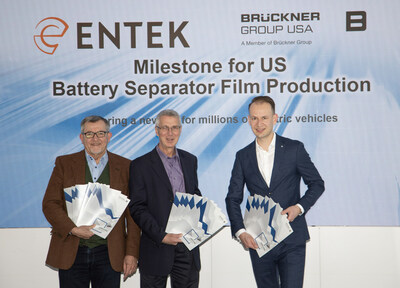 Karl Zimmerman, Rick Pekala, and Sebastian Lange, Brückner Vice President Film Division, celebrate the ENTEK Brückner signing.