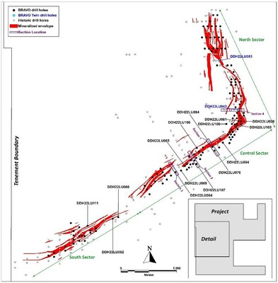 Figure 7: Location of Bravo Drilling and Sections Reported in this News Release (CNW Group/Bravo Mining Corp.)