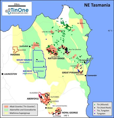 Figure 2.  Location TinOne’s project areas in Northeastern Tasmania, showing historical occurrences of tin and tungsten (Mineral Resources Tasmania database). (CNW Group/TinOne Resources Corp.)
