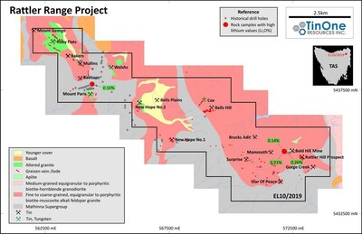 Figure 3. Location of historical samples with high lithium in the Rattler Range project area (CNW Group/TinOne Resources Corp.)