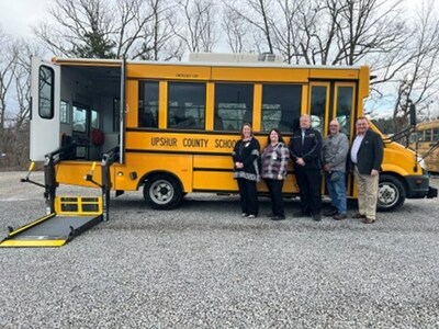 Upshur County Schools taking delivery of a GreenPower Nano BEAST all-electric purpose-built school bus. In the photo are Melinda Stewart, Interim Assistant Superintendent; Stephanie Bennett, Transportation Supervisor; Jeffrey Perkins, Business Manager; Rick Wentz, Chief Mechanic and GreenPower Motor Vice President Mark Nestlen.
