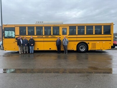 Harrison County Schools taking delivery of a GreenPower BEAST all-electric purpose-built school bus. In the photo are GreenPower Motor Vice President Mark Nestlen; Jimmy Lopez, Assistant Superintendent; Tom Tucker, Harrison County Board of Education Member; James Linger, Bus Supervisor and John Elbert, Bus Supervisor.