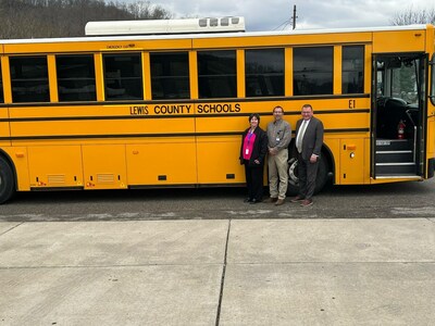 Lewis County Schools taking delivery of a GreenPower BEAST all-electric, purpose-built school bus. In the photo are Dr. Robin Lewis, Superintendent; Gerald Paugh, Transportation Supervisor; and GreenPower Motor Vice President Mark Nestlen.