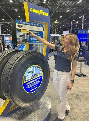 Jessica Julian, product marketing manager with Goodyear, introduces RangeMax™ RSD®EV. RangeMax RSDEV is the first regional drive tire embossed with Goodyear’s “Electric Drive Ready” designation. Engineered with low rolling resistance, Three-Peak Mountain Snowflake (3PMSF) designation and Treadlock® Technology for even wear and longer miles, the tire rollout is the latest addition to Goodyear’s EV tire portfolio.