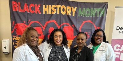 Team members at Dedicated Senior Medical Center in Jacksonville, FL celebrate Black History Month. Pictured (left to right) are Dr. May Montrichard, primary care physician; Dr. Julie Allen, center medical director; Fabonia Jackson, center director in training; Cheryl McGruder, nurse practitioner.