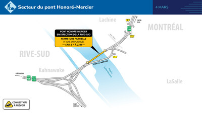 Pont Honor-Mercier : une voie ouverte en direction de la Rive-Sud ce samedi 4 mars. (Groupe CNW/Ministre des Transports et de la Mobilit durable)