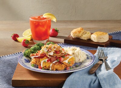 This spring, enjoy Cracker Barrel's new Cheesy Bacon Homestyle Chicken topped with cheese, bacon, onion strings & Buttermilk Ranch. Served with two sides & Buttermilk Biscuits or Corn Muffins.