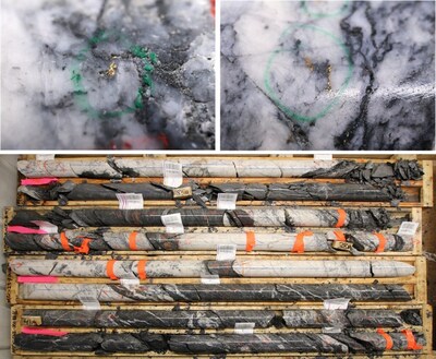 Figure 1: Photos of mineralization from:  Left: at ~18m in NFGC-23-1109, Right: at ~36.5m in NFGC-23-1100, Bottom: at ~34 - 43m in NFGC-23-1100. 
*Note that these photos are not intended to be representative of gold mineralization in NFGC-23-1109 and NFGC-23-1100. (CNW Group/Palisades Goldcorp Ltd.)