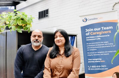 (L-R) Brampton, Ontario-based startup ConsidraCare co-founders and husband and wife team Tauseef Riaz, COO, and Dr. Saba Tauseef, CEO. ConsidraCare's novel senior care solution aims to empower families caring for aging parents across distance and national borders by providing care activity transparency, real-time communication, and reduced administrative costs. For more information, visit www.considracare.com. (CNW Group/ConsidraCare)