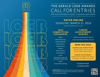 Download the Loeb Awards 2023 Call for Entries One-sheet PDF. The Gerald Loeb awards are the highest honor in business journalism in the United States. This year, a new questionnaire form replaces the previously required cover letter. Submit entries online between March 1 - March 31 at https://loeb.awardsplatform.com/