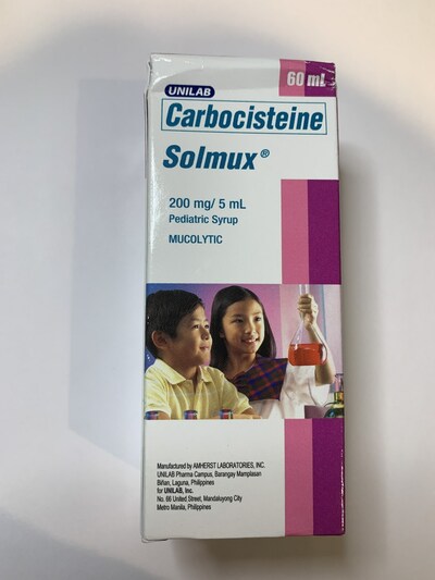 Sirop Solmux pour enfants contenant de la carbocistéine (200 mg/5 mL) (Groupe CNW/Santé Canada)
