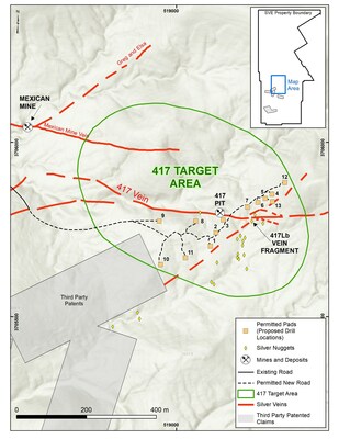 Figure 2 – Map of the 417 Vein Target Area showing outcropping veins and permitted drill pad locations.