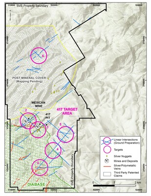 Figure 4 – Map of the Phoenix Silver property, showing main veins and targets. The north half of the property is covered by Tertiary gravel and alluvium and has not been mapped in detail. Target # 1 (or 417 Target Area), encompasses the 417 lb silver fragment, part of the 417 vein and the permitted area for drilling. Targets south of the 417 area, include polymetallic veins as well as alteration zones potentially associated with porphyry-style mineralization at depth.