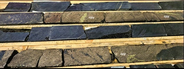 Figure 1: Examples of the New Mineralization at the Wine Gabbro Project – Chalcopyrite (cpy) noted (CNW Group/Nican Ltd.)