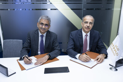 (L-R) P.R. Venketrama Raja, Chairman, Ramco Systems with Abdul Khaliq Saeed, CEO, Etihad Airways Engineering, during the signing ceremony at the 2023 MRO Middle East, Dubai