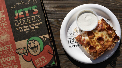 Jet's Detroit-Style Pizza with their famous ranch dipping sauce.