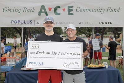 RB Ramsey, Executive Vice President, General Counsel & Chief Compliance Officer of Populus Financial Group presents a $122,914 donation to Bill Turner, Member Services Coordinator in the Dallas/Fort Worth Back on My Feet program.