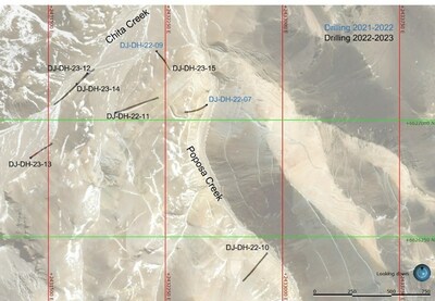 Figure 1. Location of holes at the La Gringa target. Holes from the 2021/2022 exploration season are shown in blue while holes from the current season (2022/2023) are presented in black. (CNW Group/Sable Resources Ltd.)