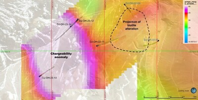 Figure2. 3D chargeability model on plan view and distribution of drill holes at the La Gringa target area. (CNW Group/Sable Resources Ltd.)