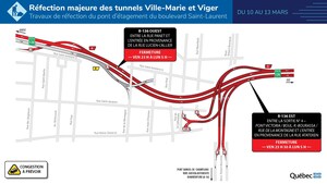 Réfection majeure des tunnels Ville-Marie et Viger - Fermeture complète de la route 136 durant la fin de semaine du 10 mars 2023