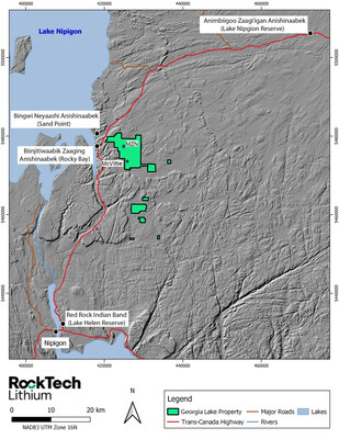 Map is showing location of focus areas for Phase I of the 2023 Drilling Program at Rock Tech’s Georgia Lake project. (CNW Group/Rock Tech Lithium Inc.)