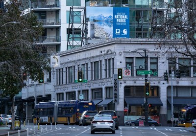 Carhartt’s ‘Outdoor Office’ billboard is seen on 4th Avenue in Seattle, Wash. The advertising creative was inspired by a new Carhartt study that discovered about half (48%) of Gen Z and Millennials would prefer to work outdoors in lieu of a traditional office job. (Stephen Brashear/AP Images for Carhartt)
