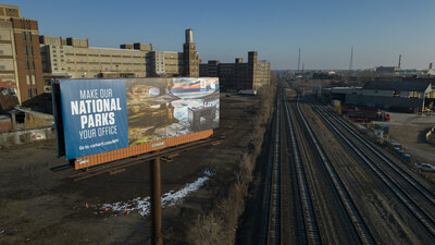 Carhartt, a proud partner of the National Park Foundation’s Communities and Workforce initiative, erected ‘Outdoor Office’ billboards in Detroit, Seattle, Houston, Dallas and Philadelphia to inspire careers in national park conservation. Carhartt’s ad creative is seen in a new out-of-home billboard in Detroit, Mich. that showcases a familiar “office desk,” set to the backdrop of one of America’s national parks. (Brian Sevald/AP Images for Carhartt)