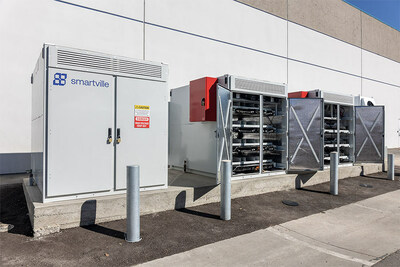 Smartville MOAB™ Energy Storage System, powered by repurposed EV battery packs and charged by a UC San Diego solar energy array.