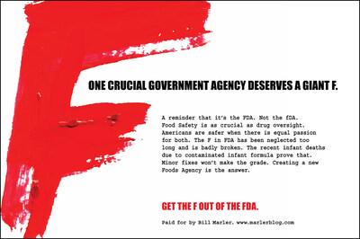 Food Safety is as crucial as drug oversight, and has been neglected too long. "GET THE F OUT OF THE FDA".