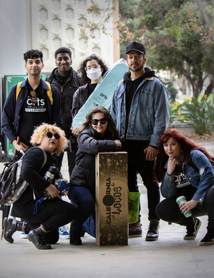 Art and Social Justice Teaching team with creative director Nano Nóbrega from the California Locos. Front: Left to right, Kimby Ruiz, Mary Anna Pomonis, Jasmine Solei Young-Lynch, Back: Abdullah Alnajaar, Komari White, and Shima Roohani.
