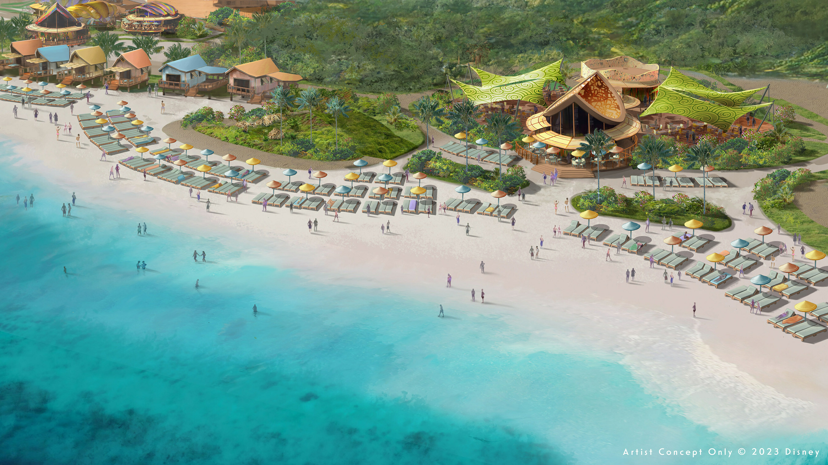 Disney Cruise Line’s new destination on the island of Eleuthera, Lighthouse Point, will be a vibrant beach retreat infused with the color and energy of Bahamian artistry. (Disney)  (Image at LateCruiseNews.com - March 2023)