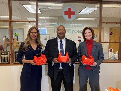 (image courtesy of Suburban Propane) 
Left to Right: Nandini Sankara, Spokesperson, Suburban Propane; Willie Gross, Boston, Massachusetts’ first African American police commissioner; and Holly Grant, CEO, the American Red Cross of Massachusetts, hold first-aid donor kits courtesy of Suburban Propane, at a blood drive promoting sickle cell disease awareness.
