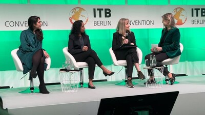 Shruti Shibulal, Director and CEO of Tamara Leisure Experiences and other panel members discussing 'Gender Equality: Tourism as a door opener for female empowerment and the role of gender equality in addressing the climate crisis at ITB Berlin