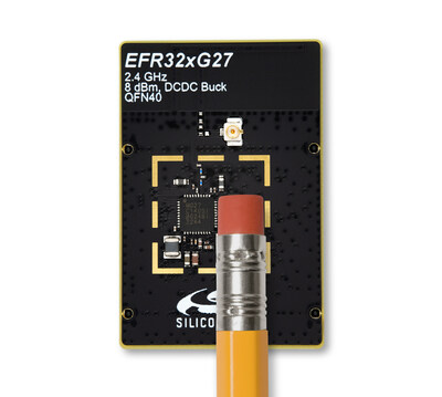 The QFN packaged xG27 SoC is 5 mm x 5 mm on a Silicon Labs radio board. This 5 mm x 5 mm SoC is roughly the size of a pencil eraser, and is ideal for devices in the smart home like switches and sensors.