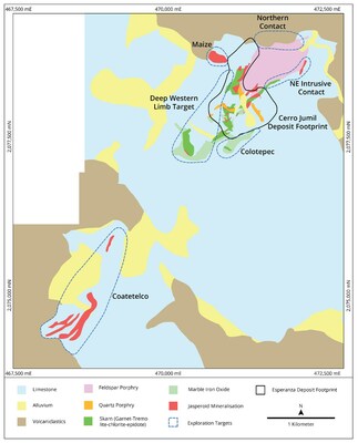 Figure 2: Summary geological map of the Esperanza Deposit and surrounding geology showing near-surface deposit proximal exploration targets, deep targets and the Coatetelco Prospect. (CNW Group/Zacatecas Silver Corp.)