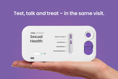 The 2nd generation Visby Medical Sexual Health test, a CLIA-waived, instrument-free, single-use, fast PCR platform that fits in the palm of your hand and rapidly tests for three of the most common sexually transmitted infections so healthcare professionals can test, talk and treat patients in the same visit